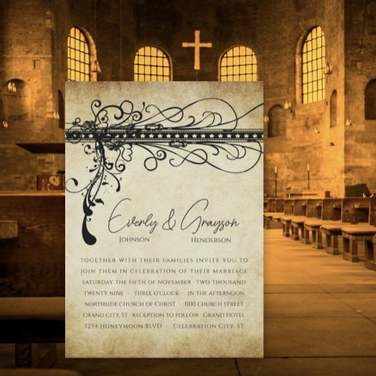 黒と金ゴールドファンキーのエレガント渦巻き結婚招待 招待状