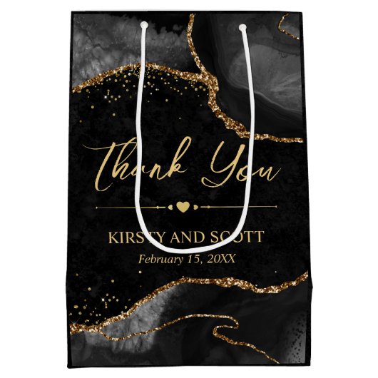 黒と金ゴールドフェイクグリッターアゲ結婚ート ミディアムペーパーバッグ (裏面)