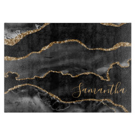 黒と金ゴールドフェイクグリッターマーブルゲート カッティングボード