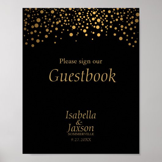 黒と金ゴールドフェイク箔の紙吹雪ドット ポスター (正面)
