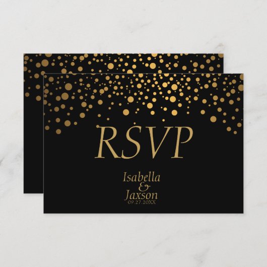 黒と金ゴールドフェイク箔の紙吹雪ドット 出欠カード (正面/裏面)
