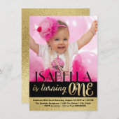 黒と金ゴールドフォト最初の誕生日 招待状 (正面/裏面)