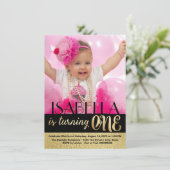 黒と金ゴールドフォト最初の誕生日 招待状 (スタンド正面)