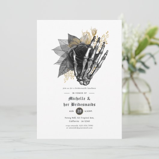 黒と金ゴールドフローラゴシック様式の花嫁の昼食会 招待状 (スタンド正面)