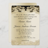 黒と金ゴールドフローラ結婚デザイン 招待状 (正面/裏面)