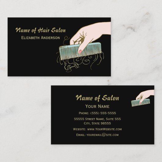 黒と金ゴールドヘアサロンヴィンテージコームとカール 名刺 (正面/裏面)