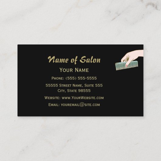 黒と金ゴールドヘアサロンヴィンテージコームとカール 名刺 (裏面)