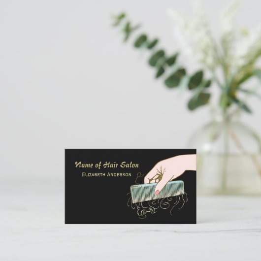 黒と金ゴールドヘアサロンヴィンテージコームとカール 名刺 (スタンド正面)