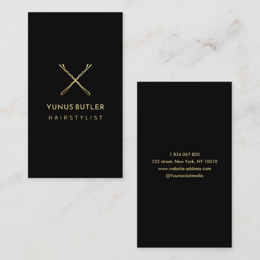 黒と金ゴールドボビーピンヘアスタイリストサロン 名刺 (正面/裏面)