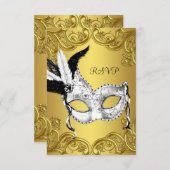 黒と金ゴールドマスカレードパーティーRSVP 出欠カード (正面/裏面)