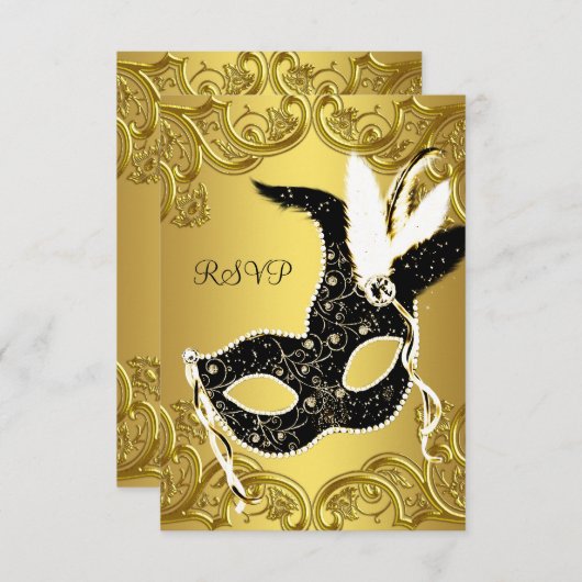 黒と金ゴールドマスカレードパーティーRSVP 出欠カード (正面/裏面)