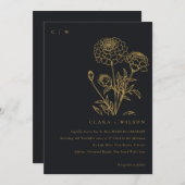黒と金ゴールドマリゴールドフローラの結婚スケッチ 招待状 (正面/裏面)