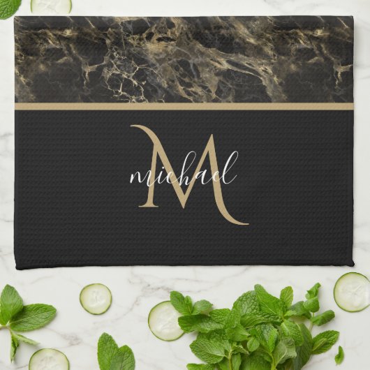 黒と金ゴールドマーブルモノグラムエレガントラグジュアリー キッチンタオル (折り畳み)