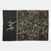 黒と金ゴールドマーブルモノグラムエレガントラグジュアリー キッチンタオル (横)