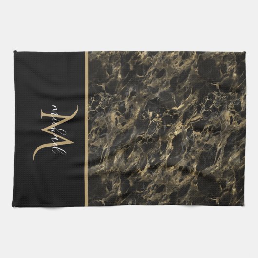 黒と金ゴールドマーブルモノグラムエレガントラグジュアリー キッチンタオル (横)