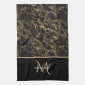 黒と金ゴールドマーブルモノグラムエレガントラグジュアリー キッチンタオル (縦)