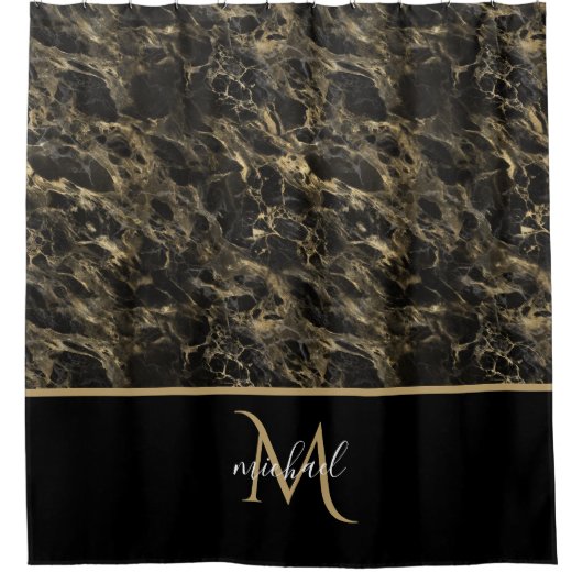 黒と金ゴールドマーブルモノグラムエレガントラグジュアリー シャワーカーテン (正面)
