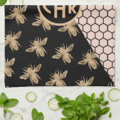 黒と金ゴールドミツバチとピンクハニカムモノグラム キッチンタオル (折り畳み)