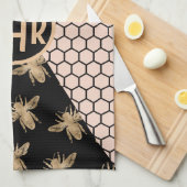 黒と金ゴールドミツバチとピンクハニカムモノグラム キッチンタオル (四つ折り)
