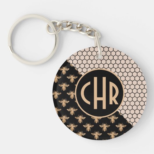 黒と金ゴールドミツバチとピンクハニカムモノグラム キーホルダー (正面)