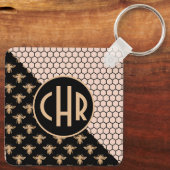 黒と金ゴールドミツバチとピンクハニカムモノグラム キーホルダー (裏面)