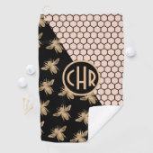 黒と金ゴールドミツバチとピンクハニカムモノグラム ゴルフタオル (インサイチュ)