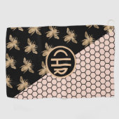 黒と金ゴールドミツバチとピンクハニカムモノグラム ゴルフタオル (横)