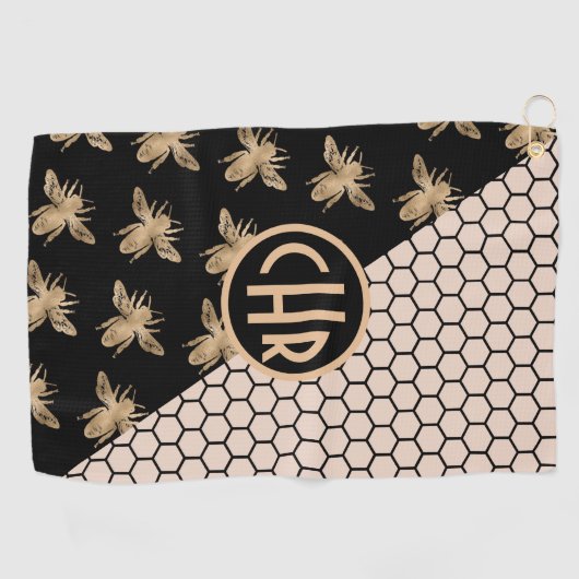 黒と金ゴールドミツバチとピンクハニカムモノグラム ゴルフタオル (横)