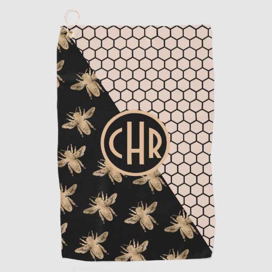 黒と金ゴールドミツバチとピンクハニカムモノグラム ゴルフタオル (正面)
