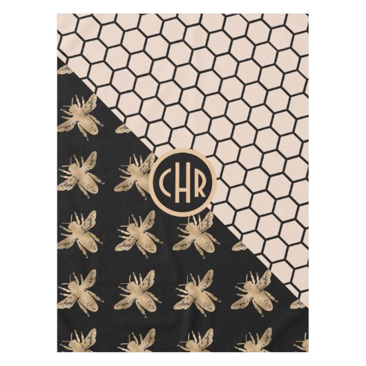 黒と金ゴールドミツバチとピンクハニカムモノグラム テーブルクロス (正面)