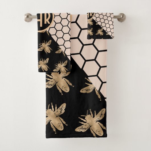 黒と金ゴールドミツバチとピンクハニカムモノグラム バスタオルセット (インサイチュ)