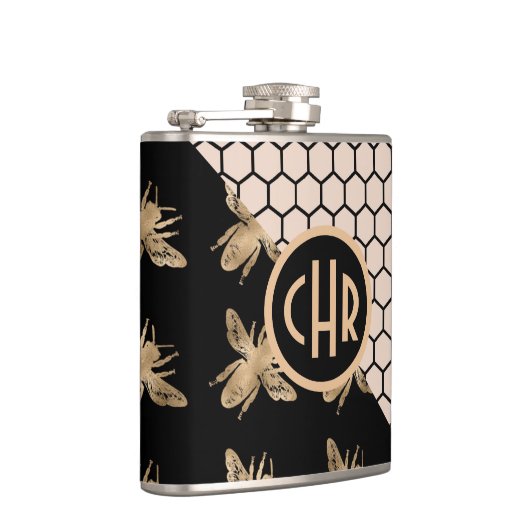 黒と金ゴールドミツバチとピンクハニカムモノグラム フラスク (右)