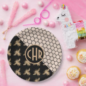 黒と金ゴールドミツバチとピンクハニカムモノグラム ペーパープレート (パーティー)