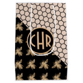 黒と金ゴールドミツバチとピンクハニカムモノグラム ミディアムペーパーバッグ (裏面)