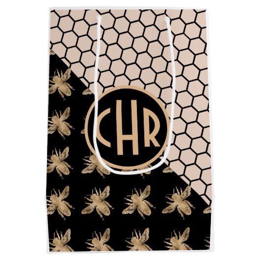 黒と金ゴールドミツバチとピンクハニカムモノグラム ミディアムペーパーバッグ (裏面)