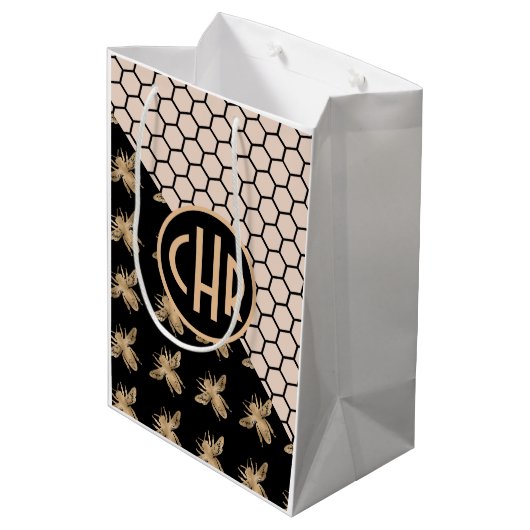 黒と金ゴールドミツバチとピンクハニカムモノグラム ミディアムペーパーバッグ (裏面アングル)