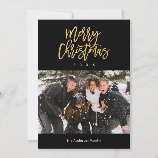 黒と金ゴールドメリークリスマスファミリー写真 シーズンカード (正面)