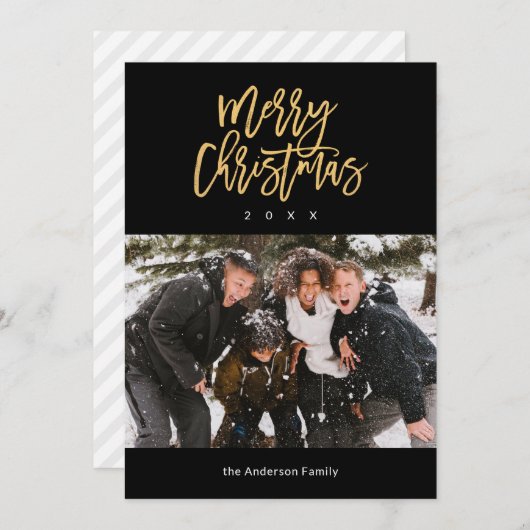 黒と金ゴールドメリークリスマスファミリー写真 シーズンカード (正面/裏面)