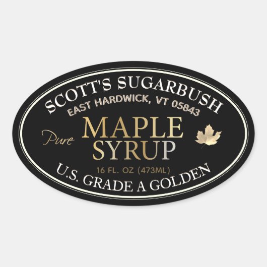 黒と金ゴールドメープルシロップと金ゴールドリーフ 楕円形シール (正面)