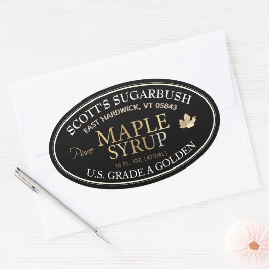 黒と金ゴールドメープルシロップと金ゴールドリーフ 楕円形シール (封筒)