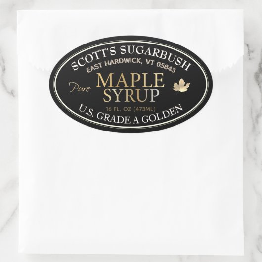 黒と金ゴールドメープルシロップと金ゴールドリーフ 楕円形シール (バッグ)