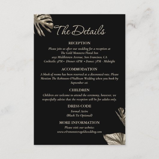 黒と金ゴールドモダンのエレガントな結婚式詳細 エンクロージャーカード (正面)