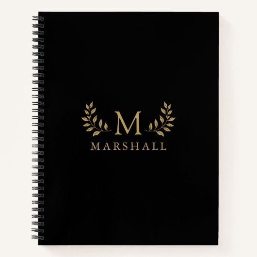 黒と金ゴールドモダンのエレガントフローラモノグラム名 ノートブック (正面)