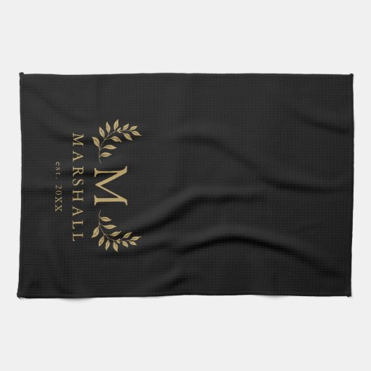 黒と金ゴールドモダンのフローラモノグラムファミリー名 キッチンタオル (横)