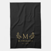 黒と金ゴールドモダンのフローラモノグラムファミリー名 キッチンタオル (縦)