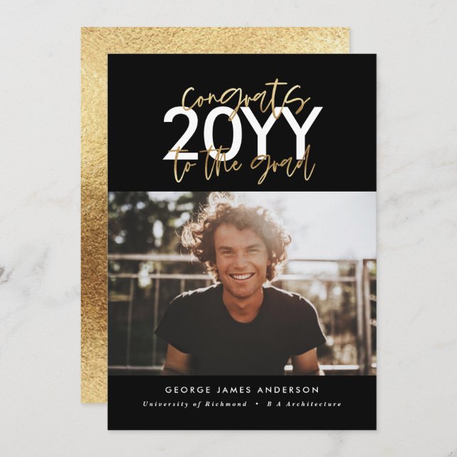黒と金ゴールドモダンの卒業写真 (正面/裏面)