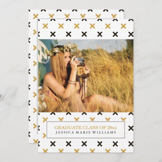 黒と金ゴールドモダンの卒業招待状 招待状 (正面/裏面)