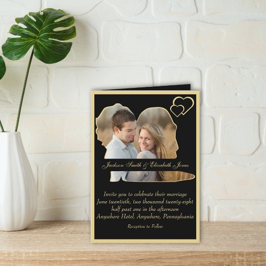 黒と金ゴールドモダンの多くの結婚写真の折り畳み 招待状
