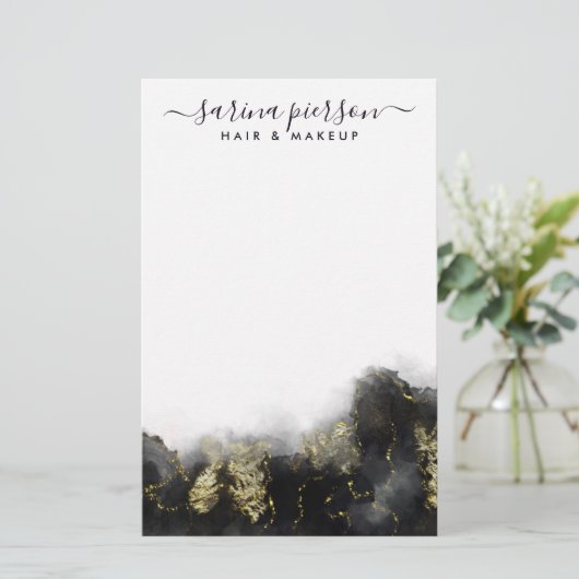 黒と金ゴールドモダンの液体水カラーインク 便箋 (スタンド正面)