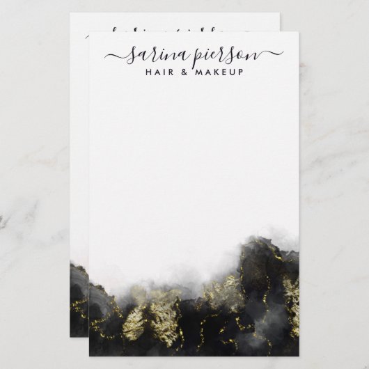 黒と金ゴールドモダンの液体水カラーインク 便箋 (正面/裏面)